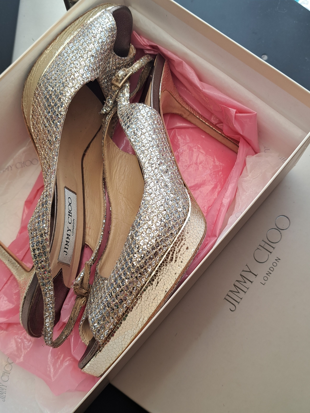 Jimmy Choo Nova Champagne Glitter Peep-Toe Slingback Pumps